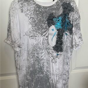 Affliction White and Gray Graphic Tee with Blue Accents